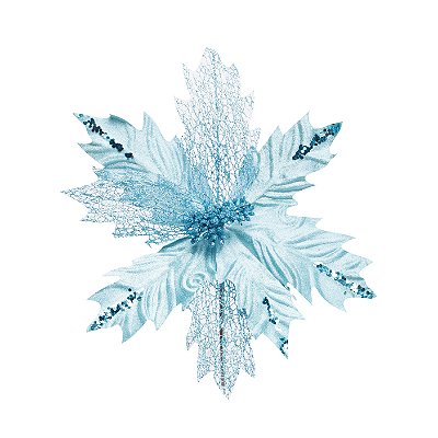 Flor de Natal Poisentia Azul Claro com Tela e Glitter - Flores Cabo Curto - Ref 1920456 Cromus