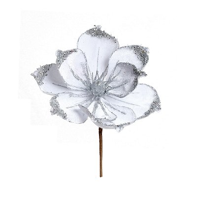 Flor de Natal Magnólia Branca e Prata - Flores Cabo Curto - Ref 1920485 Cromus