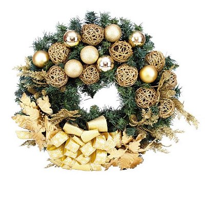 Guirlanda de Natal Decorada Dourada com Bolas e Laços 60x60x20cm - Ref 1030648 Cromus