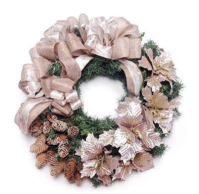 Guirlanda de Natal Decorada Rosê Gold com Flores e Laços 60x60x20cm - Ref 1030657 Cromus