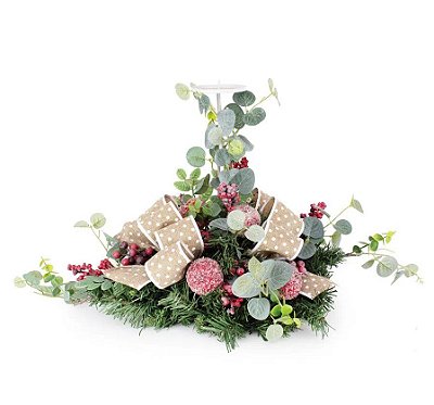 Arranjo de Mesa Alto Porta Velas Rustico Poá Cru com Frutas Vermelhas 35x30x30cm - Ref 1030664 Cromus