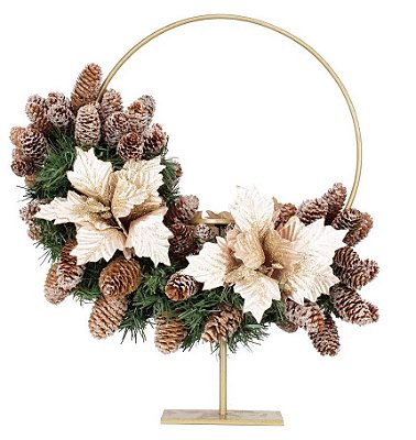 Arranjo de Natal Porta Velas Redondo com Festão e Flores Rosê Gold 52x36x18cm - Ref 1030655 Cromus