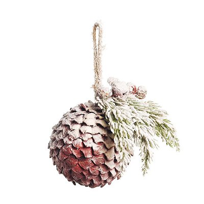 Enfeite Bola de Madeira Vermelha com Pinhas Nevadas 15x15x15cm - Coleção Chalé - Ref 1697334 Cromus