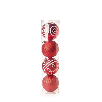 Bolas de Natal Vermelha e Branca Arabesco e Gomos 12cm Jogo com 4 Unidades - Ref 1712750 Cromus