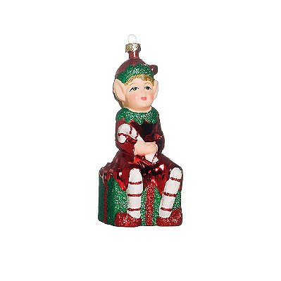 Enfeite Gnomo Verde e Vermelho Sentado no Presente 15x6x5cm com 1 Unidade - Ref 1694168 Cromus