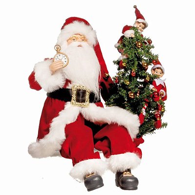 Papai Noel Sentado com Pinheiro e Duendes, e Segurando Relógio 55x40x35cm com 1 Un - Ref 1692501 Cromus