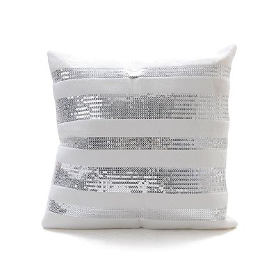 Almofada de Pelúcia Branca com Listras Paetê Prata 40x40x20xm - Ref 1611992 Cromus