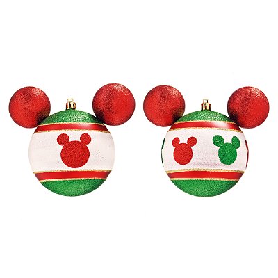 Bola de Natal Silhueta Mickey Branco, Verde e Vermelho 10cm com 2 Un - Ref 1699711 Cromus