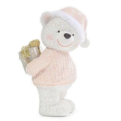 Urso de Resina Branco com Gorro Rosa Claro 13x6x9cm - Ref 1107674 Cromus