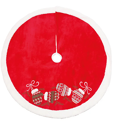 Saia de Árvore de Natal 95cm Pelúcia Vermelha com Bordado de Luvas - Ref 1203009 Cromus Natal