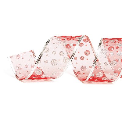 Fita de Natal Voal Vermelha com Bolas Prata de Glitter 6,3x914cm - Fitas Natalinas - Ref 1418096 Cromus