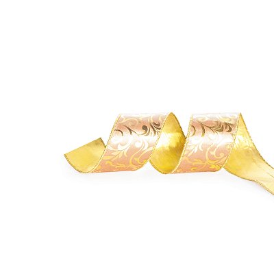 Fita de Natal Aramada Rose Folhas Double Face Ouro 3,8cmx9.14cm - Ref 1613382 - Cromus