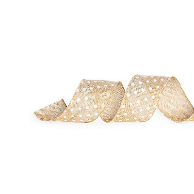 Fita Aramada de Natal Juta Natural Poá Branco 3.8x9.14cm - Ref 1614433 - Cromus