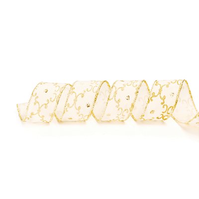 Fita Aramada de Natal Marfim com Arabescos Ouro 3.8cmx9.14mts - Ref 1694024 - Cromus