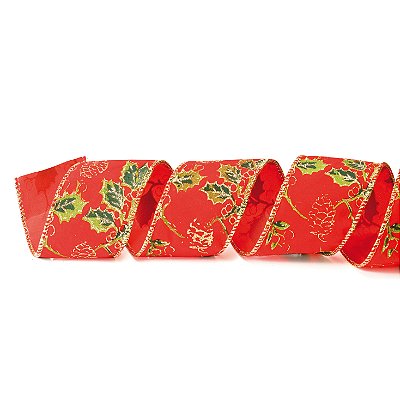 Fita Aramada de Natal Camurça Vermelha com Azevinhos de Glitter 6.3cm x 9.4m - Ref 1694041 Cromus