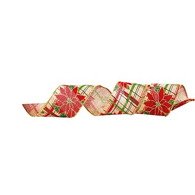 Fita Aramada de Natal Cru com Estampa Poisettias Vermelhas 6.3cm x9.14mt - Ref 1922796 - Cromus