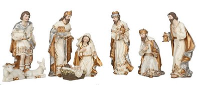 Presépio de Resina Dourado, Branco e Prata com 9 Peças 17cm - Ref RS2177 Tok da Casa