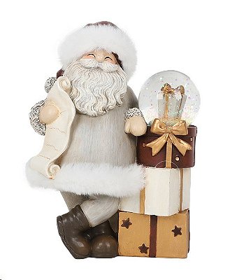 Enfeite de Resina Papai Noel com Pilha de Presentes e Globo de Água 17cm - Ref RS2152 Tok da Casa