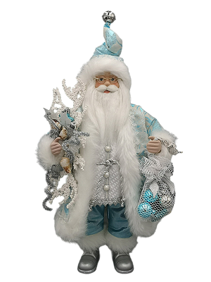 Boneco Papai Noel Em Pé com Roupa Azul Claro e Prata Segurando Conchas e Bolas 45cm - Ref PN1344 Tok da Casa