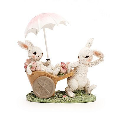 Coelhos de Resina na Carriola com Guarda Chuva 12x12x6cm - Ref 1030975 Cromus