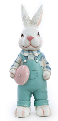 Coelho de Resina Grande em Pé com Macacão e Ovo na Mão 28cm - Cute Family - Ref 1038459 Cromus