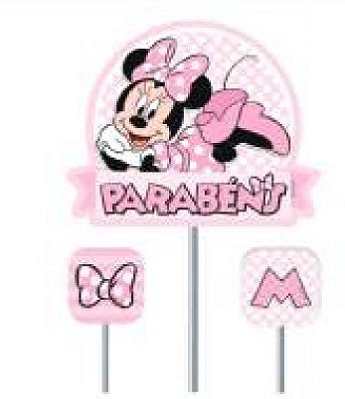 Topo de Bolo Impresso Festa Minnie Rosa com 3 Un - Ref 319013 Piffer