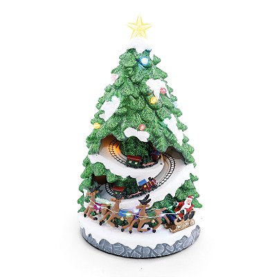 Cenário de Natal Árvore com Trem e Trenó, com Luz e Movimento 38x22cm - Ref 1001442 Cromus