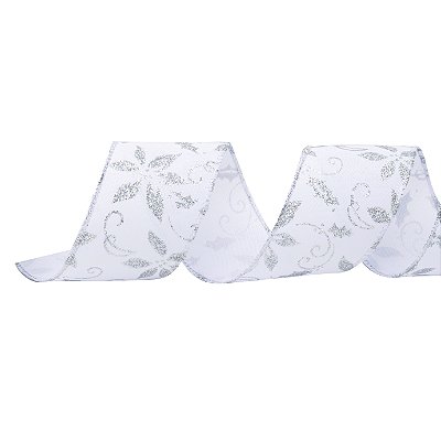 Fita Aramada de Juta Branca com Estampa Flores Prata 6,3CMx9,14M - Ref 1013038 Cromus