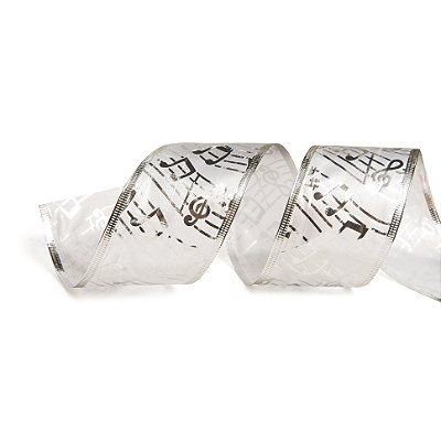 Fita Aramada de Natal Branca com Estampa Notas Musicais Prata 6,3x914cm - Ref 1418030 Cromus