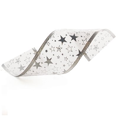 Fita Aramada de Natal Branca Estampa Estrelas Prata 6,3x914cm - Ref 1418031 Cromus