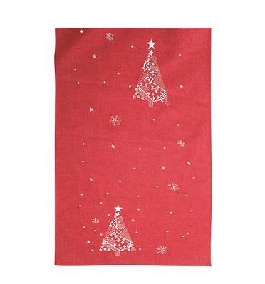 Caminho de Mesa Vermelho de Linho com Bordados Pinheiros 35x175cm - Ref 1058210 Cromus