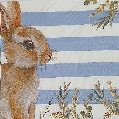 Guardanapo de Papel de Páscoa Coelho com Flores e Listras Azul 20Folhas 32,5x32,5cm - Ref 1067724 Cromus