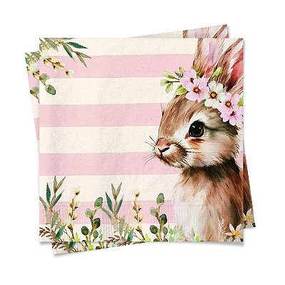 Guardanapo de Papel de Páscoa Coelho com Flores e Listras Rosa 20Folhas 33x33cm - Ref 1067725 Cromus