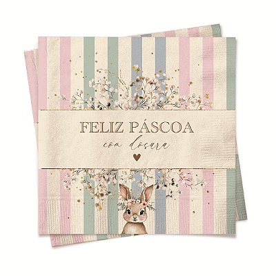 Guardanapo de Papel de Páscoa Coelho com Flores e Listras Colorido 20Folhas 33x33cm - Ref 19000999 Cromus