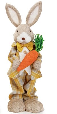 Coelho de Palha Italiana em Pé com Roupa Xadrez Amarela Segurando Cenoura 45x15x15cm - Dijon - Ref 1065301 Cromus