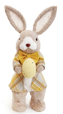 Coelho de Palha Italiana em Pé com Roupa Xadrez Amarela Segurando Ovo 32x13x12cm - Dijon - Ref 1065302 Cromus