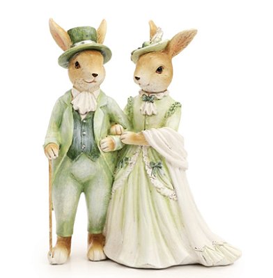 Casal de Coelhos de Resina com Roupas de Epoca Verde 20x16x8cm - Ref 1030989 Cromus