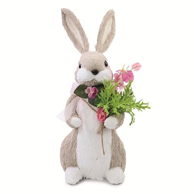 Coelho de Palha Italiana em Pé com Buque de Flores 36x15x16cm - Ref 1024241 Cromus