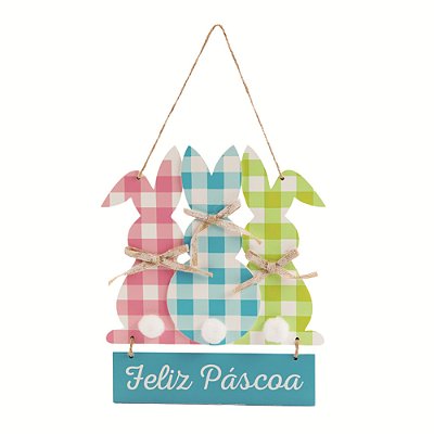 Placa Feliz Páscoa Coelhos Xadrez 30x18x2cm - Ref 1015948 Cromus
