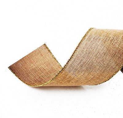 Fita Aramada de Linho Bege com Borda Ouro 10x457cm - Ref 1054403 Cromus