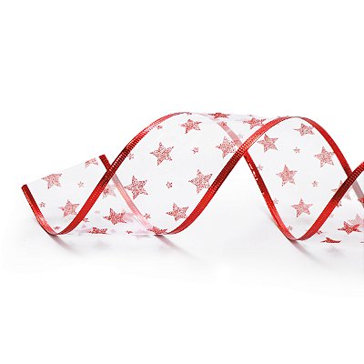 Fita Aramada de Natal Voal Branco com Estrelas Vermelhas 6,3x914cm - Ref 1418115 Cromus