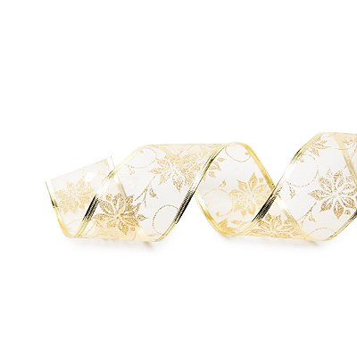 Fita Aramada de Natal Voil com Estampa Flores Dourado 3,8cm - Ref 1716974 Cromus