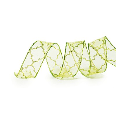 Fita Aramada de Natal Voil Verde com Estampa Colmeia Glitter 3,8cm - Ref 1641270 Cromus