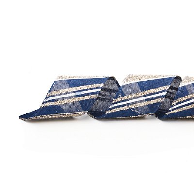 Fita Aramada de Linho Azul Petróleo com Listras Branca e Champanhe 6.3cm - Ref 1200527 Cromus