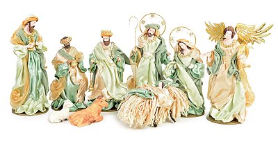 Presépio de Resina e Tecido 9 Peças 42cm Verde Claro e Dourado - Ref 1046032 Cromus
