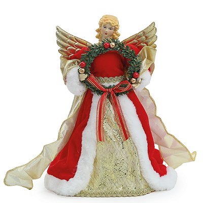 Anjo em Pé Roupa Vermelho e Dourado de Veludo 32cm - Ref 1004400 Cromus
