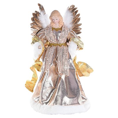Anjo em Pé Rosê e Dourado com Asas de Penas 44cm - Ref 1113469 Cromus