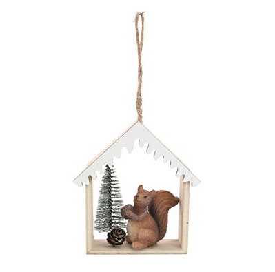 Enfeite de Pendurar Casinha de Madeira com Esquilo de Resina 10cm - Ref 1051788 Cromus