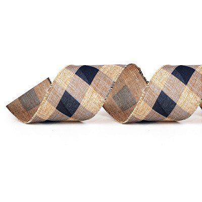 Fita Aramada de Natal Xadrez Cru e Azul Escuro 6,3CMx9,14M - Ref 1014310 Cromus