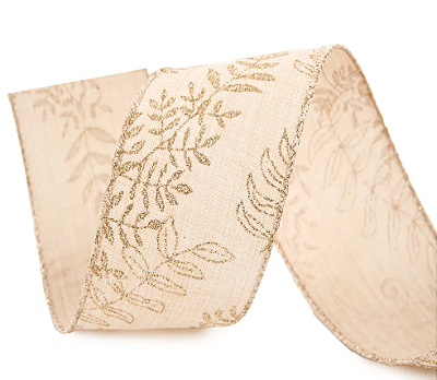 Fita Aramada de Natal Linho com Folhas Glitter Ouro 6,3cmx9,14m - Ref 1073664 Cromus
